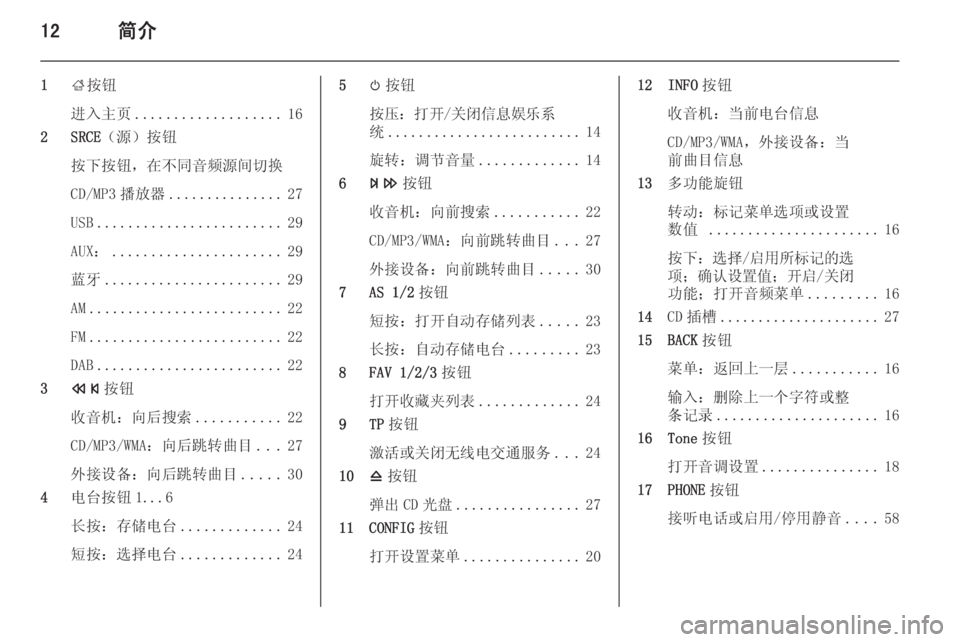 OPEL MERIVA 2015  信息娱乐系统 (in Chinese) 12简介
1;按钮
进入主页 ................... 16
2 SRCE （源）按钮
按下按钮，在不同音频源间切换
CD/MP3 播放器 ............... 27
USB ........................ 29
AUX： .....