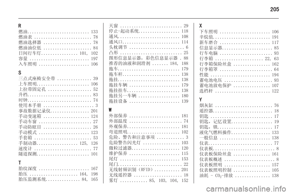 OPEL MERIVA 2015 车主手册 (in Chinese) 205
R
燃油 ........................... 133
燃油表 ......................... 78
燃油选择器 ..................... 78
燃油油位低 ..................... 84
日间行车灯 ............... OPEL MERIVA 2015 车主手册 (in Chinese) 205
R
燃油 ........................... 133
燃油表 ......................... 78
燃油选择器 ..................... 78
燃油油位低 ..................... 84
日间行车灯 ...............