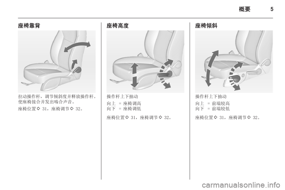 OPEL MERIVA 2015  车主手册 (in Chinese) 概要5
座椅靠背
拉动操作杆，调节倾斜度并释放操作杆 。
使座椅接合并发出啮合声音。
座椅位置 3 31，座椅调节 3 32。
座椅高度
操作杆上下抽动
向上=