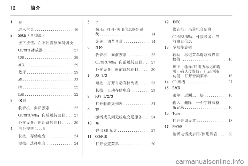 OPEL MERIVA 2015.5  信息娱乐系统 (in Chinese) 12简介
1;
进入主页 ................... 16
2 SRCE （音频源）
按下按钮，在不同音频源间切换
CD/MP3 播放器 ............... 27
USB ........................ 29
AUX： ...........