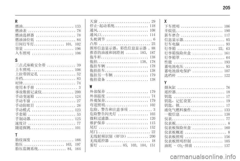 OPEL MERIVA 2015.5  车主手册 (in Chinese) 205
R
燃油 ........................... 133
燃油表  ......................... 78
燃油选择器  ..................... 78
燃油油位低  ..................... 84
日间行车灯 ...............