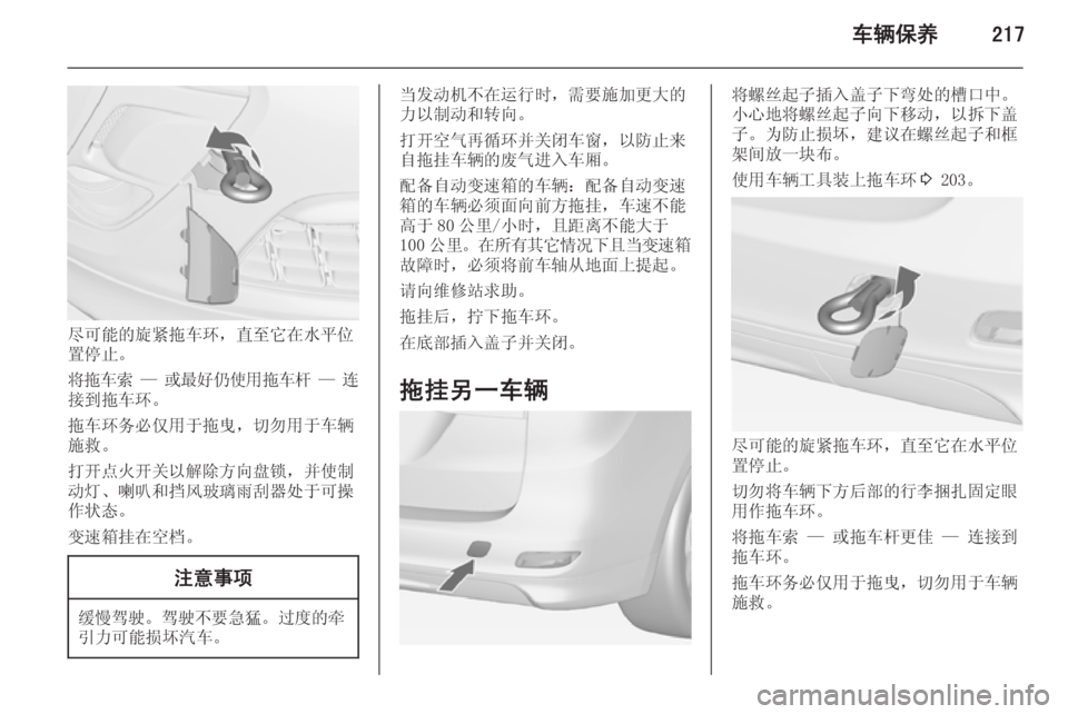 OPEL ZAFIRA C 2014.5  车主手册 (in Chinese) 车辆保养217
尽可能的旋紧拖车环，直至它在水平位
置停止。
将拖车索  —  或最好仍使用拖车杆  —  连
接到拖车环。
拖车环务必仅用于拖曳，切勿用