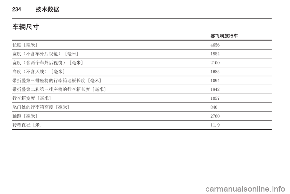 OPEL ZAFIRA C 2014.5  车主手册 (in Chinese) 234技术数据车辆尺寸赛飞利旅行车长度 [毫米]4656宽度（不含车外后视镜） [毫米]1884宽度（含两个车外后视镜） [毫米]2100高度（不含天线） [毫米]1685带