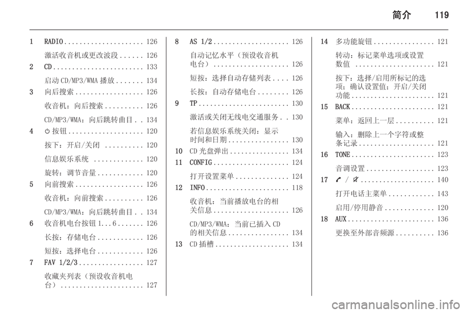 OPEL ZAFIRA C 2015 信息娱乐系统 (in Chinese) 简介119
1 RADIO..................... 126
激活收音机或更改波段 ......126
2 CD ........................ 133
启动 CD/MP3/WMA 播放 .......134
3 向后搜索 .................. 126
收音 OPEL ZAFIRA C 2015 信息娱乐系统 (in Chinese) 简介119
1 RADIO..................... 126
激活收音机或更改波段 ......126
2 CD ........................ 133
启动 CD/MP3/WMA 播放 .......134
3 向后搜索 .................. 126
收音