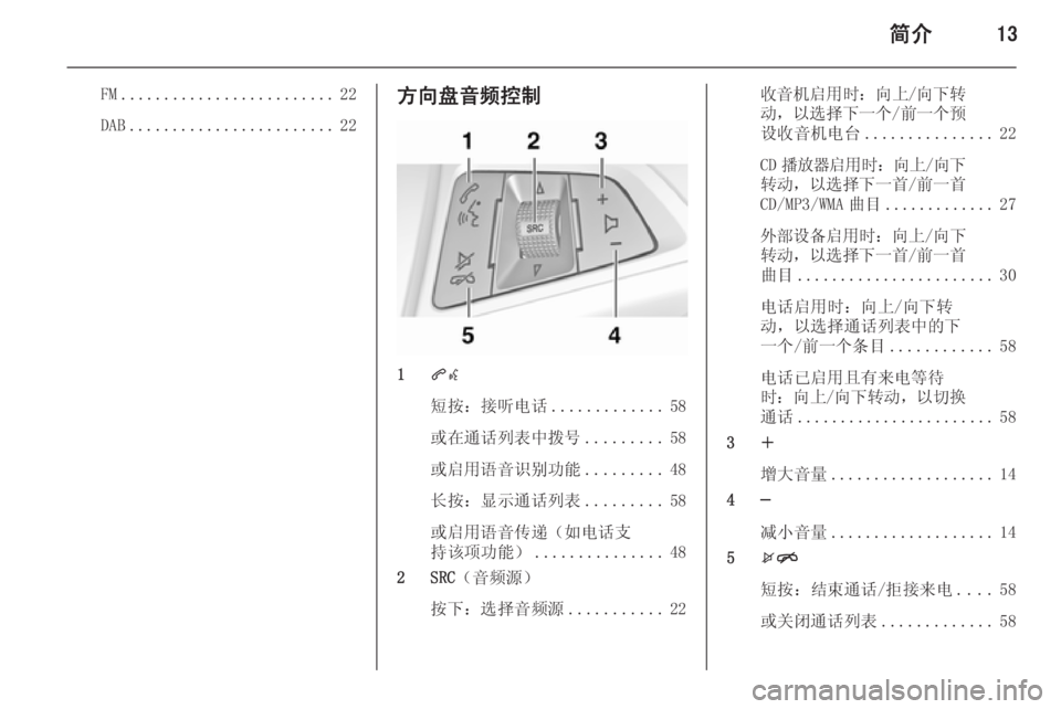 OPEL ZAFIRA C 2015.5  信息娱乐系统 (in Chinese) 简介13
FM......................... 22
DAB ........................ 22方向盘音频控制
1qw
短按：接听电话 .............58
或在通话列表中拨号 .........58
或启用语音识别功