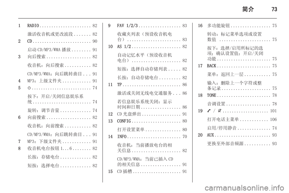 OPEL ZAFIRA C 2015.5 信息娱乐系统 (in Chinese) 简介73
1 RADIO...................... 82
激活收音机或更改波段 .......82
2 CD ......................... 90
启动 CD/MP3/WMA 播放 ........91
3 向后搜索 ................... 82
收音机 OPEL ZAFIRA C 2015.5 信息娱乐系统 (in Chinese) 简介73
1 RADIO...................... 82
激活收音机或更改波段 .......82
2 CD ......................... 90
启动 CD/MP3/WMA 播放 ........91
3 向后搜索 ................... 82
收音机