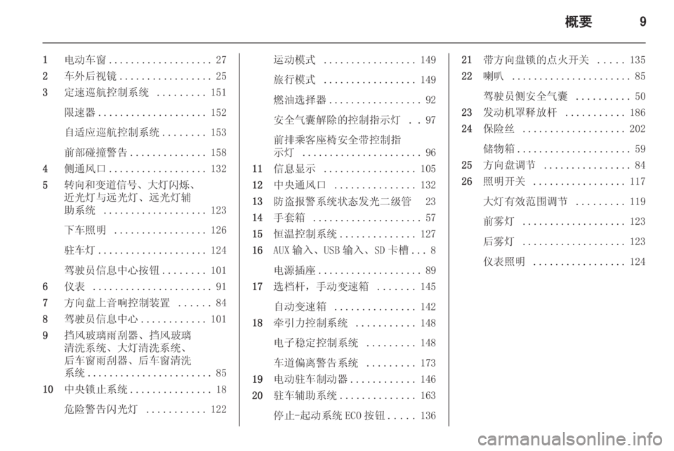 OPEL ZAFIRA C 2015.5  车主手册 (in Chinese) 概要9
1电动车窗 ................... 27
2 车外后视镜 ................. 25
3 定速巡航控制系统  .........151
限速器 .................... 152
自适应巡航控制系统 ........153
