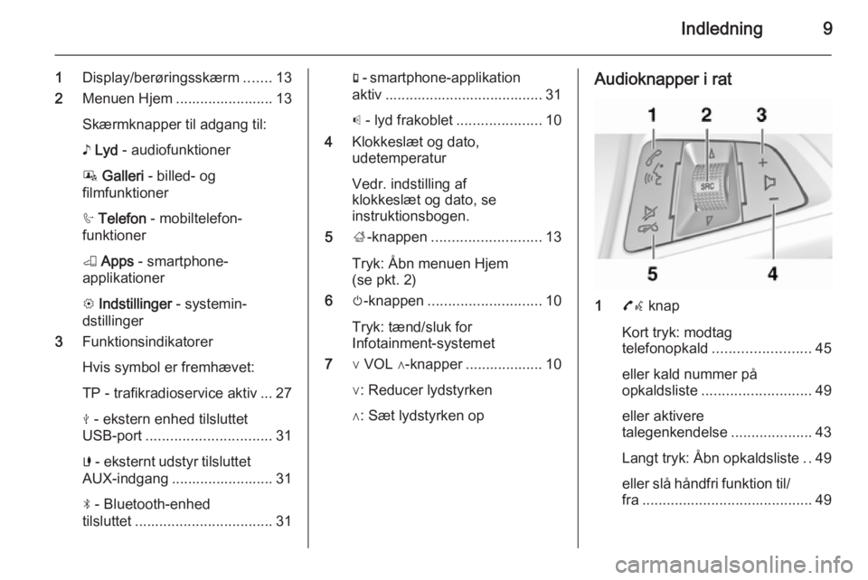 OPEL ADAM 2014.5  Instruktionsbog til Infotainment (in Danish) Indledning9
1Display/berøringsskærm .......13
2 Menuen Hjem ........................ 13
Skærmknapper til adgang til:
♪  Lyd  - audiofunktioner
P  Galleri  - billed- og
filmfunktioner
h  Telefon  