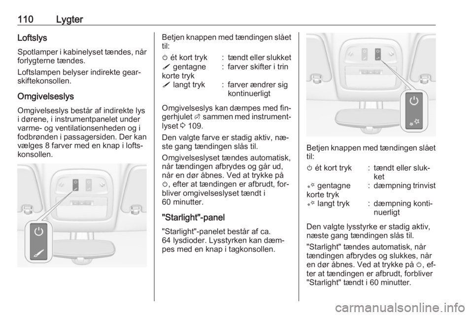 OPEL ADAM 2016 Instruktionsbog (in Danish) 110LygterLoftslys
Spotlamper i kabinelyset tændes, når forlygterne tændes.
Loftslampen belyser indirekte gear‐
skiftekonsollen.
OmgivelseslysOmgivelseslys består af indirekte lysi dørene, i ins OPEL ADAM 2016 Instruktionsbog (in Danish) 110LygterLoftslys
Spotlamper i kabinelyset tændes, når forlygterne tændes.
Loftslampen belyser indirekte gear‐
skiftekonsollen.
OmgivelseslysOmgivelseslys består af indirekte lysi dørene, i ins