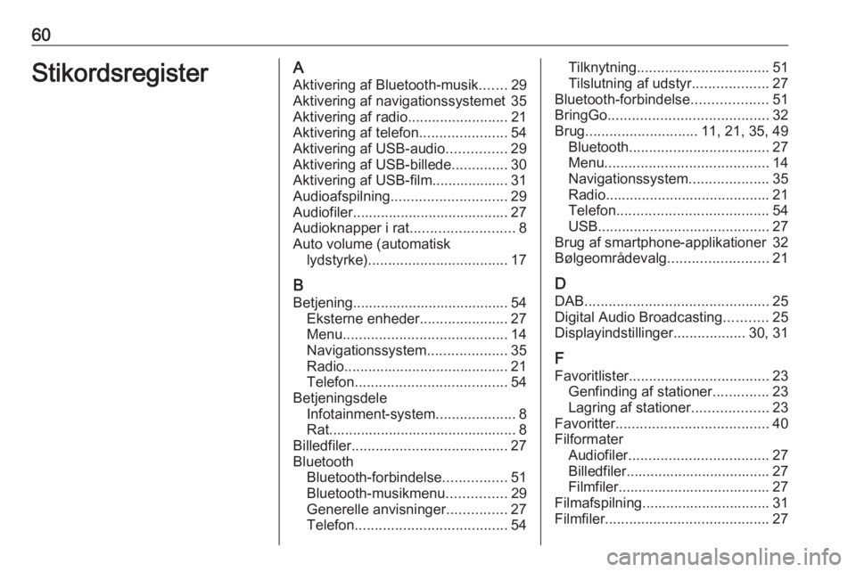 OPEL ADAM 2017.5 Instruktionsbog til Infotainment (in Danish) 60StikordsregisterAAktivering af Bluetooth-musik .......29
Aktivering af navigationssystemet 35
Aktivering af radio .........................21
Aktivering af telefon ......................54
Aktiverin OPEL ADAM 2017.5 Instruktionsbog til Infotainment (in Danish) 60StikordsregisterAAktivering af Bluetooth-musik .......29
Aktivering af navigationssystemet 35
Aktivering af radio .........................21
Aktivering af telefon ......................54
Aktiverin