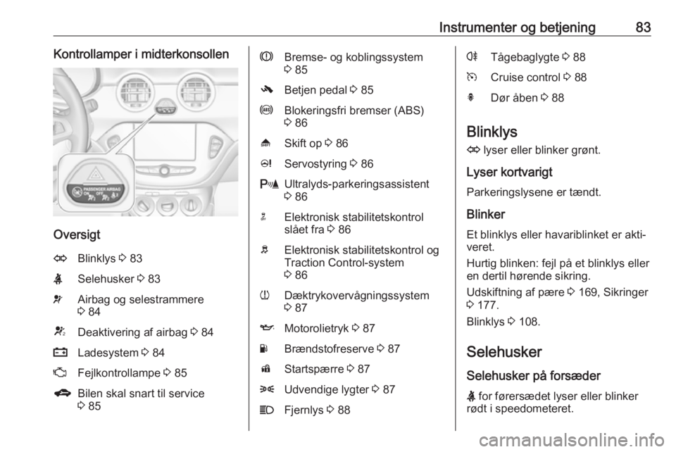 OPEL ADAM 2017.5  Instruktionsbog (in Danish) Instrumenter og betjening83Kontrollamper i midterkonsollen
Oversigt
OBlinklys 3 83XSelehusker  3 83vAirbag og selestrammere
3  84VDeaktivering af airbag  3 84pLadesystem  3 84ZFejlkontrollampe  3 85gB