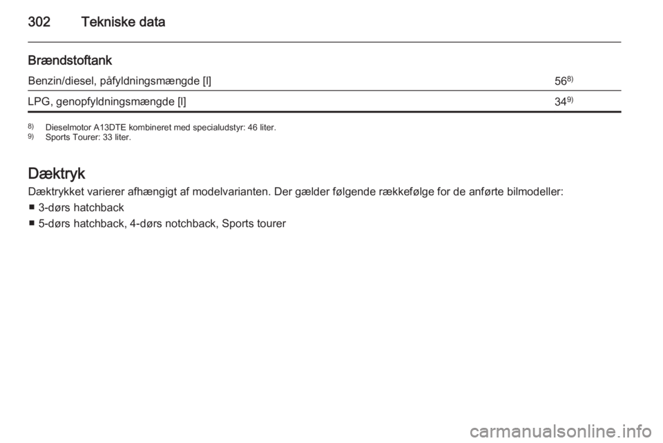 OPEL ASTRA J 2015.5  Instruktionsbog (in Danish) 302Tekniske data
BrændstoftankBenzin/diesel, påfyldningsmængde [l]568)LPG, genopfyldningsmængde [l]349)8)
Dieselmotor A13DTE kombineret med specialudstyr: 46 liter.
9) Sports Tourer: 33 liter.
Dæ