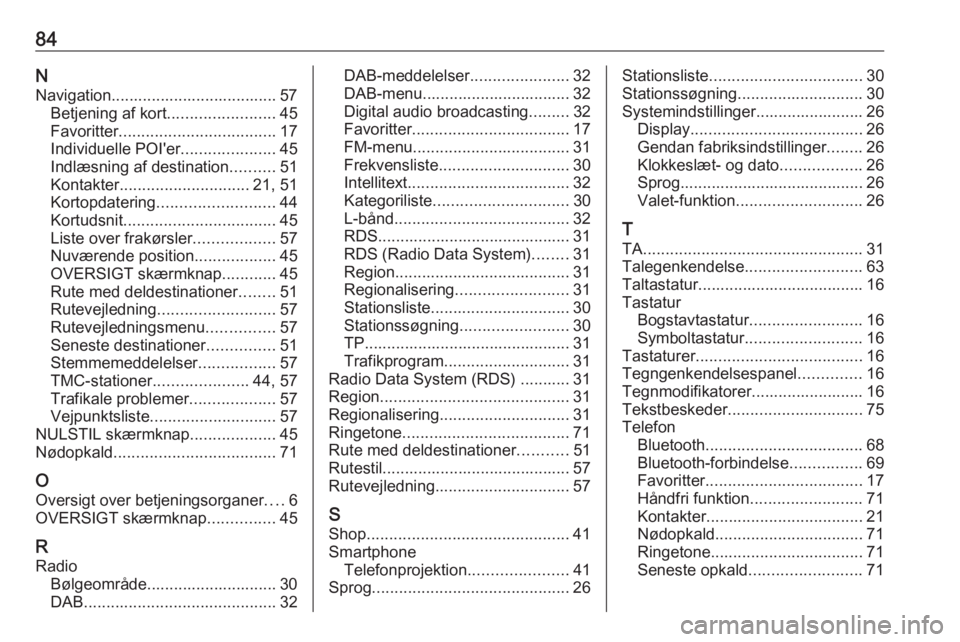 OPEL ASTRA K 2017 Instruktionsbog til Infotainment (in Danish) 84NNavigation..................................... 57 Betjening af kort ........................45
Favoritter ................................... 17
Individuelle POI'er .....................45
Ind OPEL ASTRA K 2017 Instruktionsbog til Infotainment (in Danish) 84NNavigation..................................... 57 Betjening af kort ........................45
Favoritter ................................... 17
Individuelle POI'er .....................45
Ind