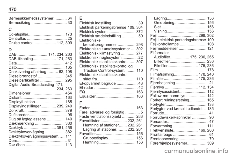 OPEL ASTRA K 2017.5 Instruktionsbog (in Danish) 470Børnesikkerhedssystemer............64
Børnesikring ................................ 30
C Cd-afspiller ................................. 173
Centrallås .................................... 25
C OPEL ASTRA K 2017.5 Instruktionsbog (in Danish) 470Børnesikkerhedssystemer............64
Børnesikring ................................ 30
C Cd-afspiller ................................. 173
Centrallås .................................... 25
C