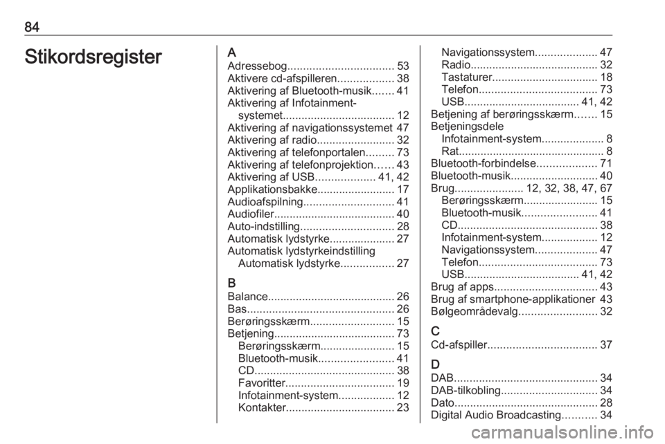 OPEL ASTRA K 2018  Instruktionsbog til Infotainment (in Danish) 84StikordsregisterAAdressebog .................................. 53
Aktivere cd-afspilleren ..................38
Aktivering af Bluetooth-musik .......41
Aktivering af Infotainment- systemet ..........