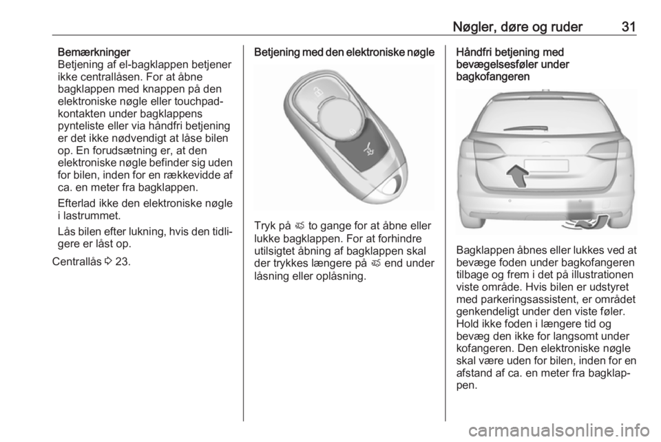 OPEL ASTRA K 2018.5  Instruktionsbog (in Danish) Nøgler, døre og ruder31Bemærkninger
Betjening af el-bagklappen betjener
ikke centrallåsen. For at åbne
bagklappen med knappen på den elektroniske nøgle eller touchpad-
kontakten under bagklappe