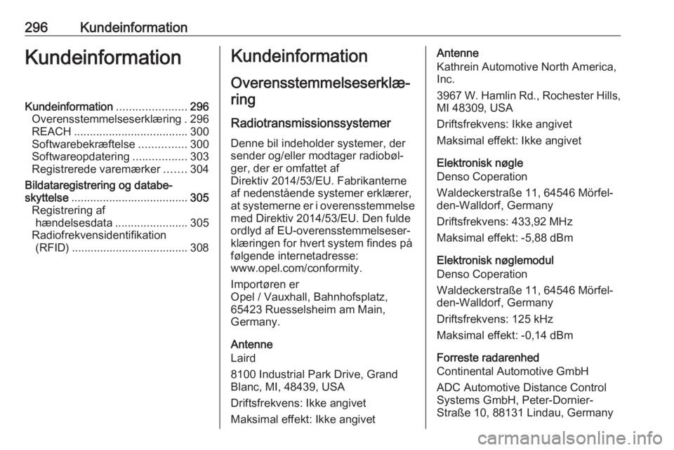 OPEL ASTRA K 2018.75 Instruktionsbog (in Danish) 296KundeinformationKundeinformationKundeinformation......................296
Overensstemmelseserklæring . 296
REACH .................................... 300
Softwarebekræftelse ...............300
So OPEL ASTRA K 2018.75 Instruktionsbog (in Danish) 296KundeinformationKundeinformationKundeinformation......................296
Overensstemmelseserklæring . 296
REACH .................................... 300
Softwarebekræftelse ...............300
So
