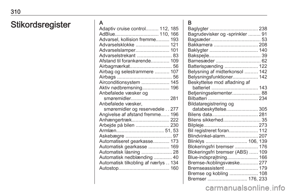 OPEL ASTRA K 2018.75 Instruktionsbog (in Danish) 310StikordsregisterAAdaptiv cruise control .........112, 185
AdBlue ................................ 110, 166
Advarsel, kollision fremme.......... 193 Advarselsklokke ......................... 121
Adv OPEL ASTRA K 2018.75 Instruktionsbog (in Danish) 310StikordsregisterAAdaptiv cruise control .........112, 185
AdBlue ................................ 110, 166
Advarsel, kollision fremme.......... 193 Advarselsklokke ......................... 121
Adv