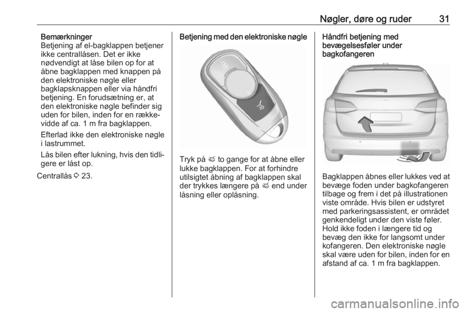 OPEL ASTRA K 2019.5  Instruktionsbog (in Danish) Nøgler, døre og ruder31Bemærkninger
Betjening af el-bagklappen betjener
ikke centrallåsen. Det er ikke
nødvendigt at låse bilen op for at åbne bagklappen med knappen på
den elektroniske nøgle