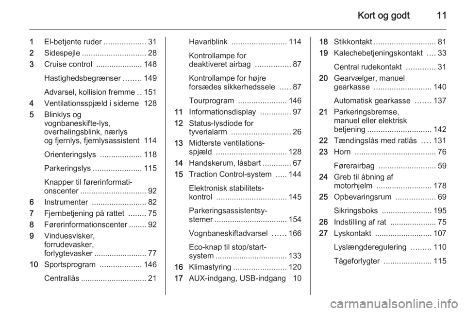OPEL CASCADA 2014.5  Instruktionsbog (in Danish) Kort og godt11
1El-betjente ruder ...................31
2 Sidespejle ............................. 28
3 Cruise control  .....................148
Hastighedsbegrænser ........149
Advarsel, kollision fr