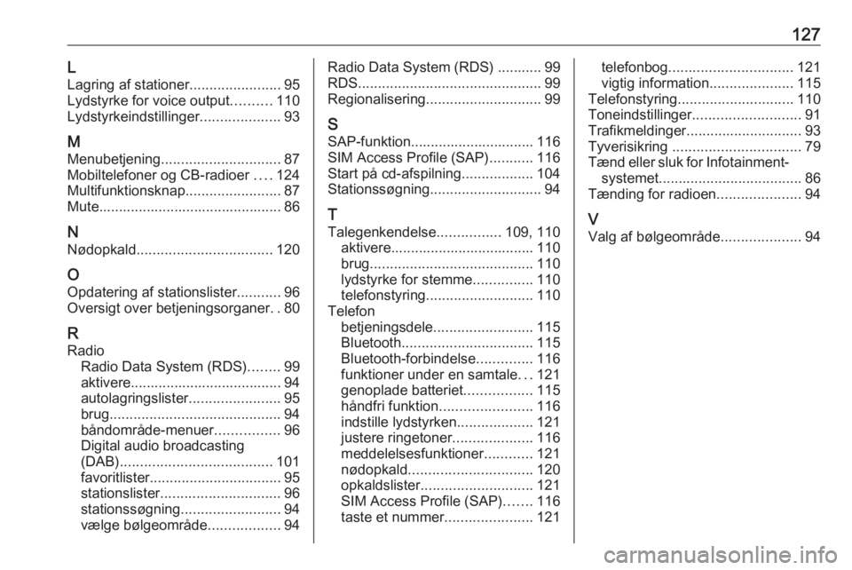 OPEL CASCADA 2016 Instruktionsbog til Infotainment (in Danish) 127LLagring af stationer .......................95
Lydstyrke for voice output ..........110
Lydstyrkeindstillinger ....................93
M
Menubetjening .............................. 87
Mobiltelefon OPEL CASCADA 2016 Instruktionsbog til Infotainment (in Danish) 127LLagring af stationer .......................95
Lydstyrke for voice output ..........110
Lydstyrkeindstillinger ....................93
M
Menubetjening .............................. 87
Mobiltelefon