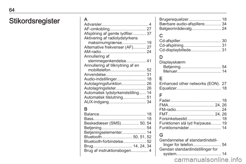 OPEL COMBO 2016  Instruktionsbog til Infotainment (in Danish) 64StikordsregisterAAdvarsler ........................................ 4
AF-omkobling ............................... 27
Afspilning af gemte lydfiler............ 37
Aktivering af radiolydstyrkens maksi