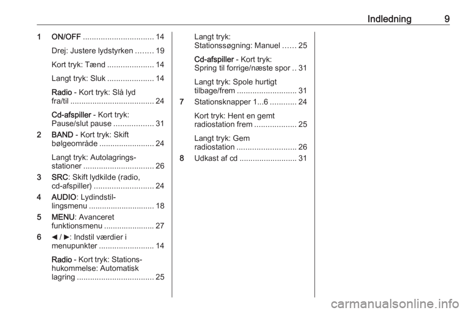 OPEL COMBO 2016  Instruktionsbog til Infotainment (in Danish) Indledning91 ON/OFF................................ 14
Drej: Justere lydstyrken ........19
Kort tryk: Tænd .....................14
Langt tryk: Sluk .....................14
Radio  - Kort tryk: Slå ly