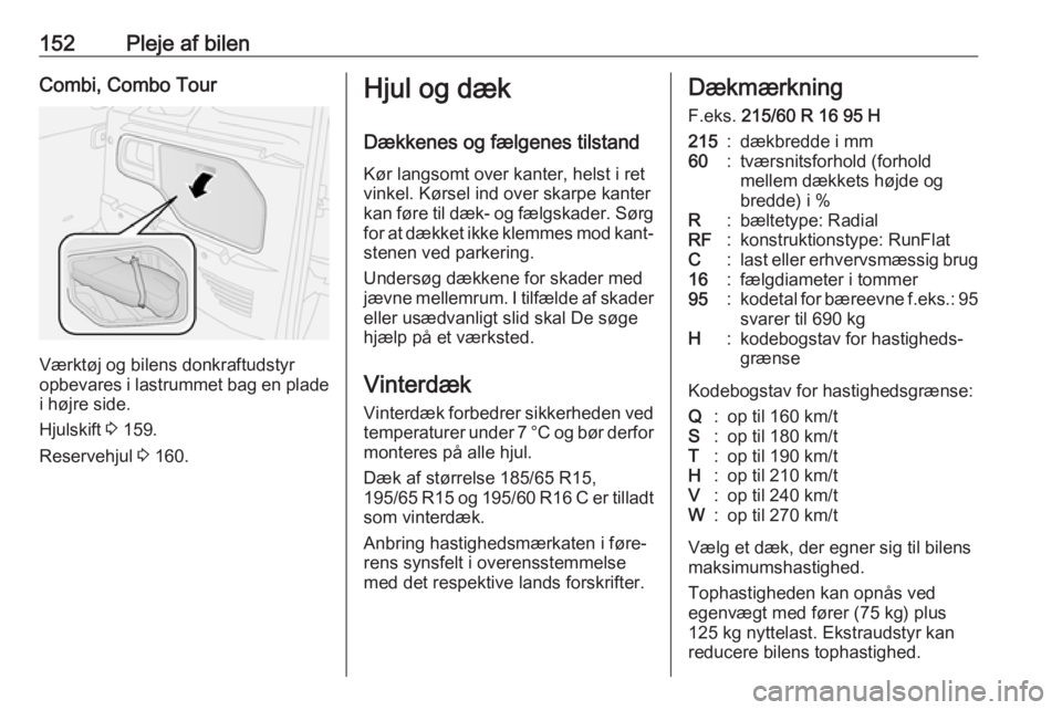OPEL COMBO 2017 Instruktionsbog (in Danish) 152Pleje af bilenCombi, Combo Tour
Værktøj og bilens donkraftudstyr
opbevares i lastrummet bag en plade
i højre side.
Hjulskift 3 159.
Reservehjul 3 160.
Hjul og dæk
Dækkenes og fælgenes tilst OPEL COMBO 2017 Instruktionsbog (in Danish) 152Pleje af bilenCombi, Combo Tour
Værktøj og bilens donkraftudstyr
opbevares i lastrummet bag en plade
i højre side.
Hjulskift 3 159.
Reservehjul 3 160.
Hjul og dæk
Dækkenes og fælgenes tilst