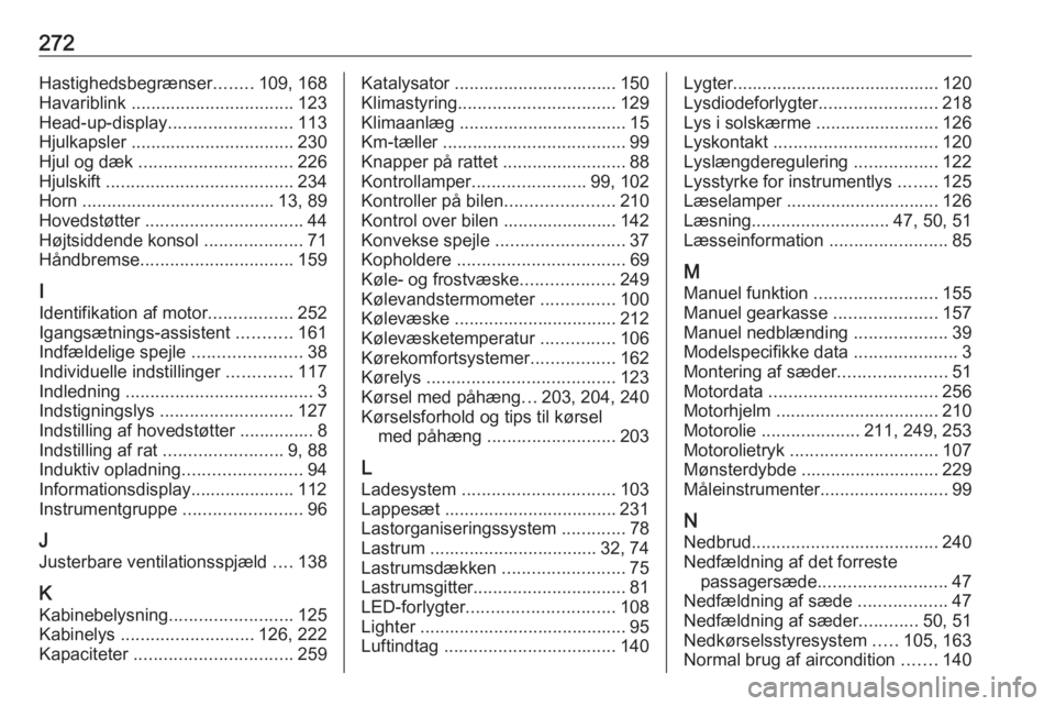 OPEL COMBO E 2019  Instruktionsbog (in Danish) 272Hastighedsbegrænser........109, 168
Havariblink  ................................. 123
Head-up-display ......................... 113
Hjulkapsler  ................................. 230
Hjul og dæk