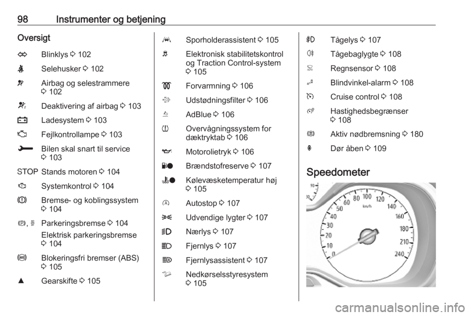 OPEL COMBO E 2019.1  Instruktionsbog (in Danish) 98Instrumenter og betjeningOversigtOBlinklys 3 102XSelehusker  3 102vAirbag og selestrammere
3  102VDeaktivering af airbag  3 103pLadesystem  3 103ZFejlkontrollampe  3 103HBilen skal snart til service