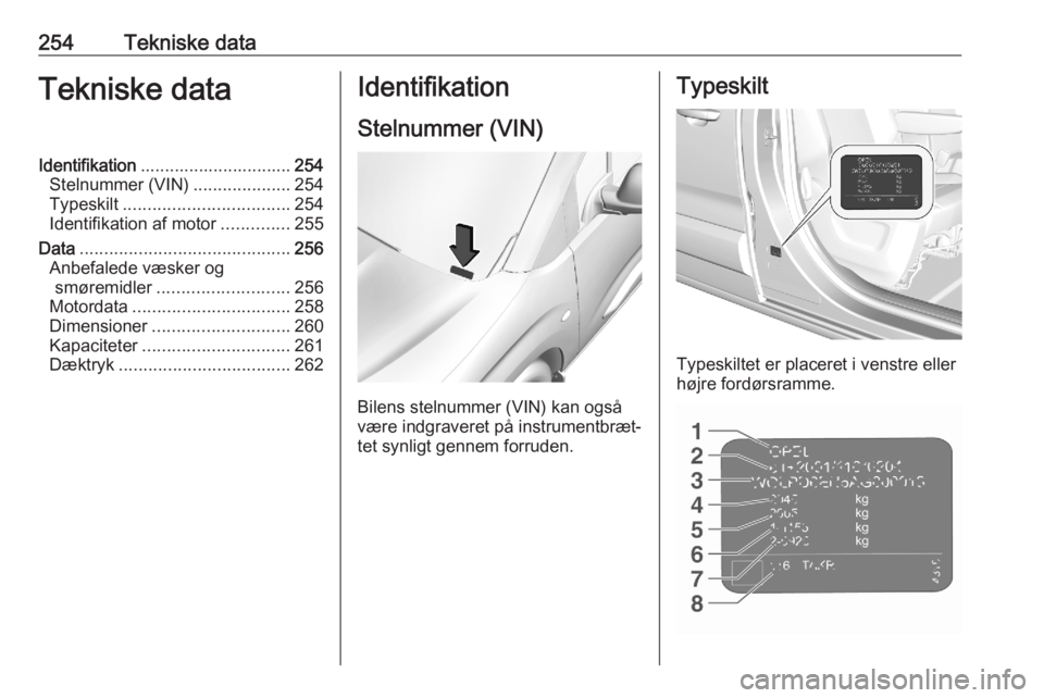 OPEL COMBO E 2020 Instruktionsbog (in Danish) 254Tekniske dataTekniske dataIdentifikation............................... 254
Stelnummer (VIN) ....................254
Typeskilt .................................. 254
Identifikation af motor ....... OPEL COMBO E 2020 Instruktionsbog (in Danish) 254Tekniske dataTekniske dataIdentifikation............................... 254
Stelnummer (VIN) ....................254
Typeskilt .................................. 254
Identifikation af motor .......