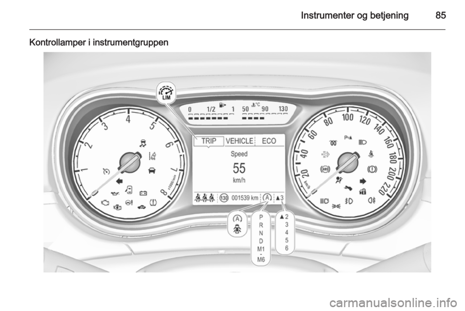 OPEL CORSA 2015 Instruktionsbog (in Danish) Instrumenter og betjening85
Kontrollamper i instrumentgruppen OPEL CORSA 2015 Instruktionsbog (in Danish) Instrumenter og betjening85
Kontrollamper i instrumentgruppen