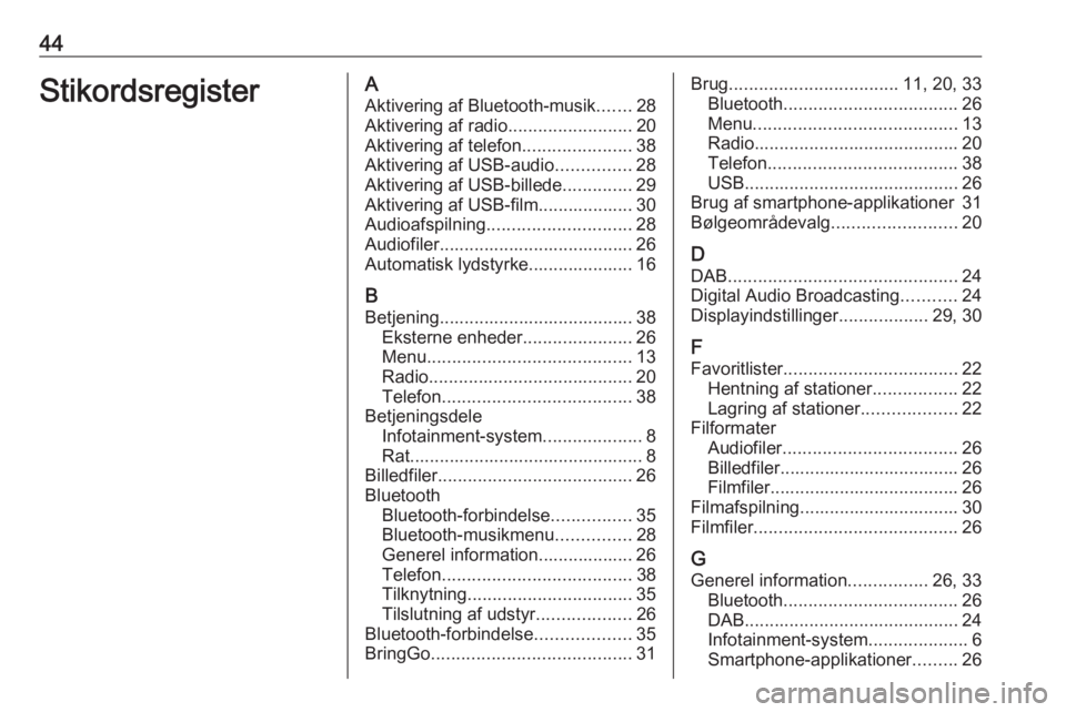 OPEL CORSA 2017 Instruktionsbog til Infotainment (in Danish) 44StikordsregisterAAktivering af Bluetooth-musik .......28
Aktivering af radio .........................20
Aktivering af telefon ......................38
Aktivering af USB-audio ...............28
Akti OPEL CORSA 2017 Instruktionsbog til Infotainment (in Danish) 44StikordsregisterAAktivering af Bluetooth-musik .......28
Aktivering af radio .........................20
Aktivering af telefon ......................38
Aktivering af USB-audio ...............28
Akti