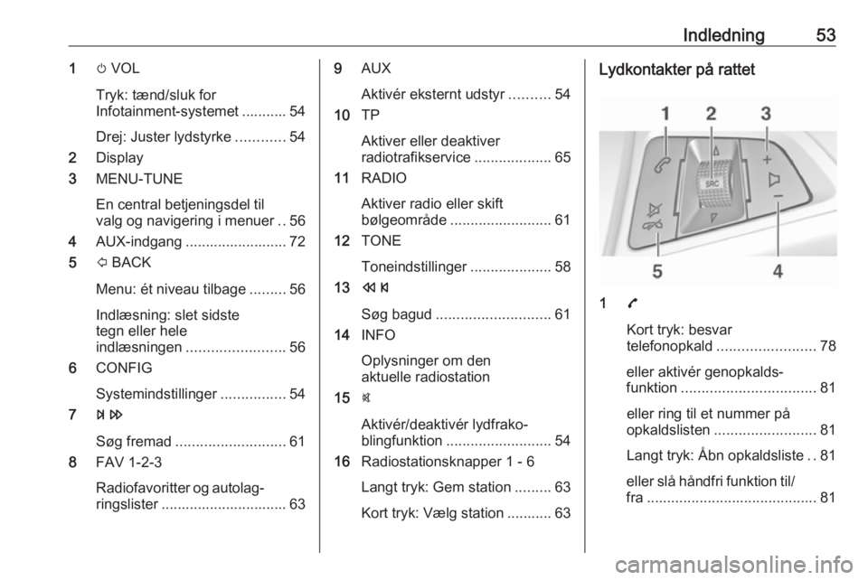 OPEL CORSA 2017 Instruktionsbog til Infotainment (in Danish) Indledning531m VOL
Tryk: tænd/sluk for
Infotainment-systemet ........... 54
Drej: Juster lydstyrke ............54
2 Display
3 MENU-TUNE
En central betjeningsdel til
valg og navigering i menuer ..56
4 OPEL CORSA 2017 Instruktionsbog til Infotainment (in Danish) Indledning531m VOL
Tryk: tænd/sluk for
Infotainment-systemet ........... 54
Drej: Juster lydstyrke ............54
2 Display
3 MENU-TUNE
En central betjeningsdel til
valg og navigering i menuer ..56
4