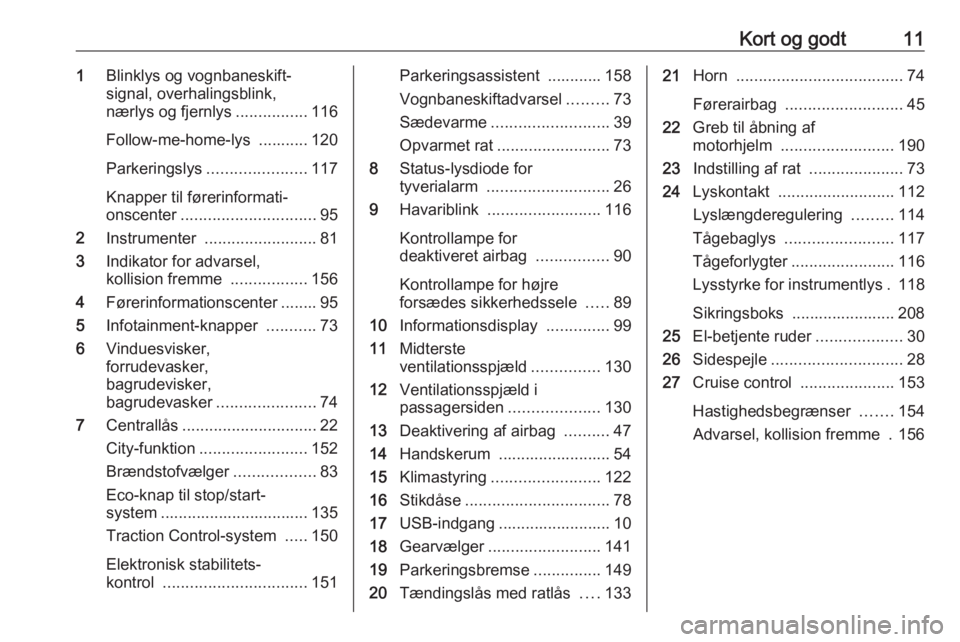 OPEL CORSA E 2018 Instruktionsbog (in Danish) Kort og godt111Blinklys og vognbaneskift‐
signal, overhalingsblink,
nærlys og fjernlys ................116
Follow-me-home-lys ........... 120
Parkeringslys ...................... 117
Knapper til f OPEL CORSA E 2018 Instruktionsbog (in Danish) Kort og godt111Blinklys og vognbaneskift‐
signal, overhalingsblink,
nærlys og fjernlys ................116
Follow-me-home-lys ........... 120
Parkeringslys ...................... 117
Knapper til f