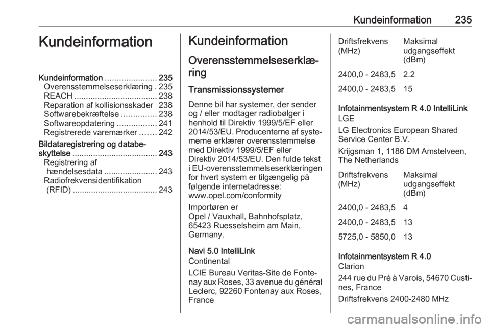 OPEL CROSSLAND X 2018  Instruktionsbog (in Danish) Kundeinformation235KundeinformationKundeinformation......................235
Overensstemmelseserklæring . 235
REACH .................................... 238
Reparation af kollisionsskader 238
Softwar
