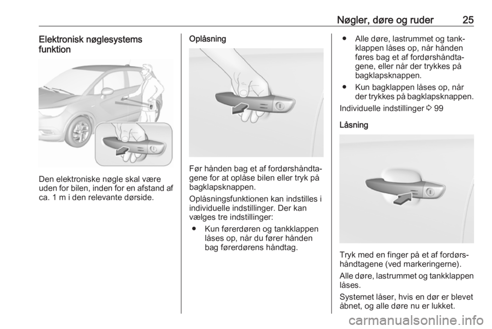OPEL CROSSLAND X 2019 Instruktionsbog (in Danish) Nøgler, døre og ruder25Elektronisk nøglesystems
funktion
Den elektroniske nøgle skal være
uden for bilen, inden for en afstand af
ca. 1 m i den relevante dørside.
Oplåsning
Før hånden bag et OPEL CROSSLAND X 2019 Instruktionsbog (in Danish) Nøgler, døre og ruder25Elektronisk nøglesystems
funktion
Den elektroniske nøgle skal være
uden for bilen, inden for en afstand af
ca. 1 m i den relevante dørside.
Oplåsning
Før hånden bag et