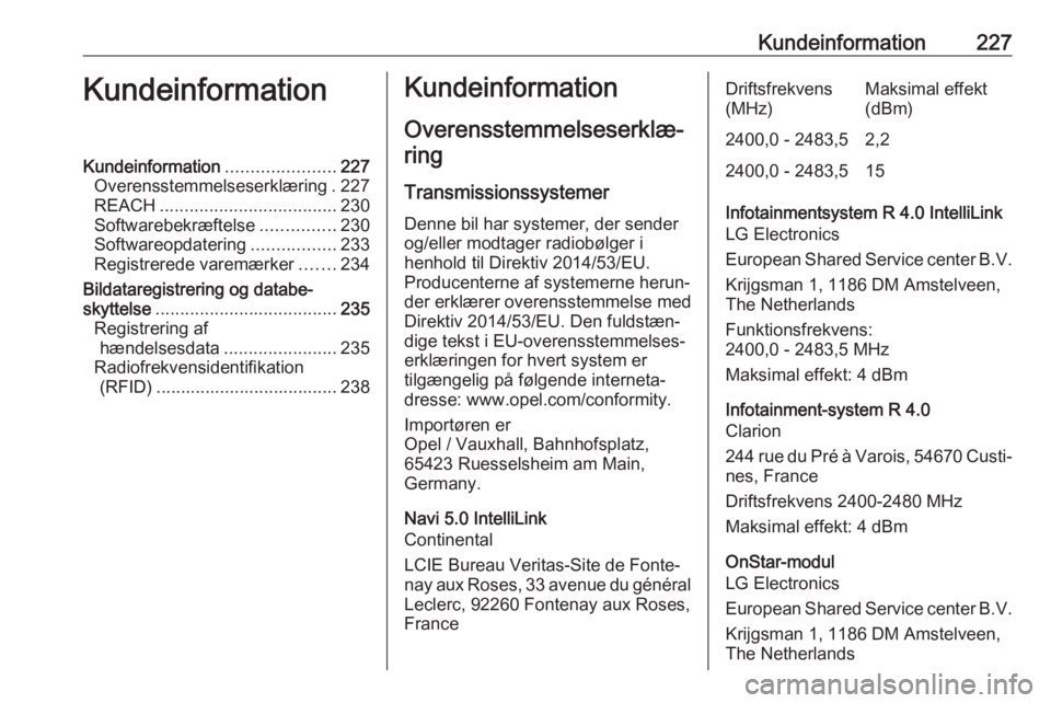 OPEL CROSSLAND X 2019.75 Instruktionsbog (in Danish) Kundeinformation227KundeinformationKundeinformation......................227
Overensstemmelseserklæring . 227
REACH .................................... 230
Softwarebekræftelse ...............230
So OPEL CROSSLAND X 2019.75 Instruktionsbog (in Danish) Kundeinformation227KundeinformationKundeinformation......................227
Overensstemmelseserklæring . 227
REACH .................................... 230
Softwarebekræftelse ...............230
So