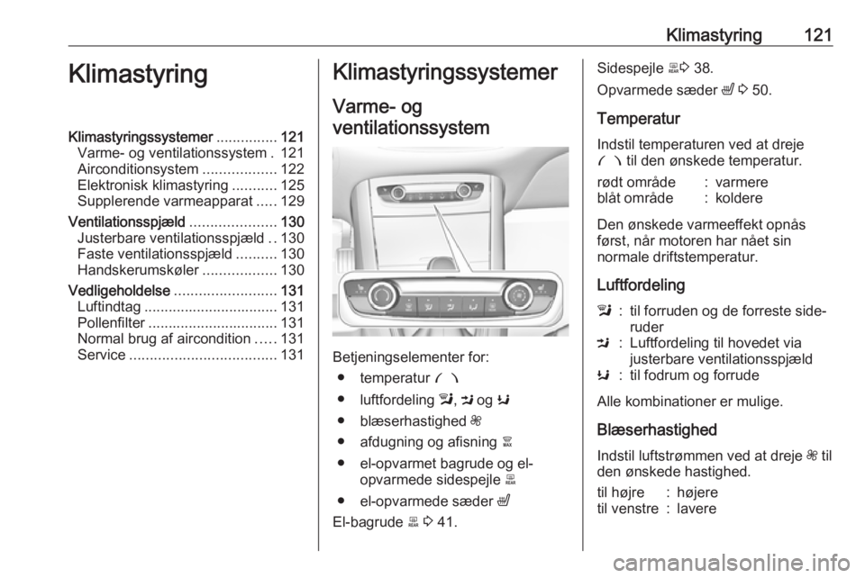 OPEL GRANDLAND X 2018 Instruktionsbog (in Danish) Klimastyring121KlimastyringKlimastyringssystemer...............121
Varme- og ventilationssystem . 121
Airconditionsystem ..................122
Elektronisk klimastyring ...........125
Supplerende varme OPEL GRANDLAND X 2018 Instruktionsbog (in Danish) Klimastyring121KlimastyringKlimastyringssystemer...............121
Varme- og ventilationssystem . 121
Airconditionsystem ..................122
Elektronisk klimastyring ...........125
Supplerende varme