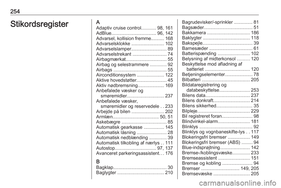 OPEL GRANDLAND X 2018 Instruktionsbog (in Danish) 254StikordsregisterAAdaptiv cruise control ...........98, 161
AdBlue .................................. 96, 142
Advarsel, kollision fremme.......... 168
Advarselsklokke ......................... 102
A OPEL GRANDLAND X 2018 Instruktionsbog (in Danish) 254StikordsregisterAAdaptiv cruise control ...........98, 161
AdBlue .................................. 96, 142
Advarsel, kollision fremme.......... 168
Advarselsklokke ......................... 102
A