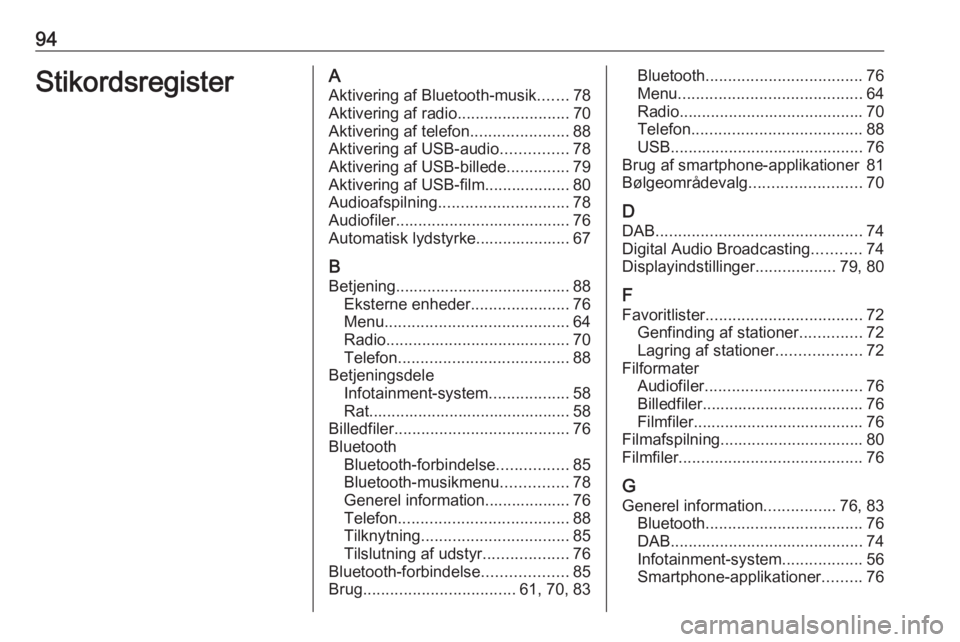 OPEL GRANDLAND X 2018.5  Instruktionsbog til Infotainment (in Danish) 94StikordsregisterAAktivering af Bluetooth-musik .......78
Aktivering af radio .........................70
Aktivering af telefon ......................88
Aktivering af USB-audio ...............78
Akti