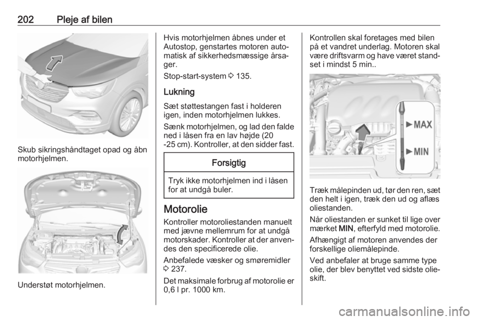 OPEL GRANDLAND X 2018.5  Instruktionsbog (in Danish) 202Pleje af bilen
Skub sikringshåndtaget opad og åbn
motorhjelmen.
Understøt motorhjelmen.
Hvis motorhjelmen åbnes under et
Autostop, genstartes motoren auto‐
matisk af sikkerhedsmæssige årsa