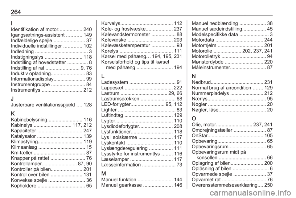 OPEL GRANDLAND X 2018.5  Instruktionsbog (in Danish) 264I
Identifikation af motor .................240
Igangsætnings-assistent  ...........149
Indfældelige spejle  ......................37
Individuelle indstillinger  .............102
Indledning  .....