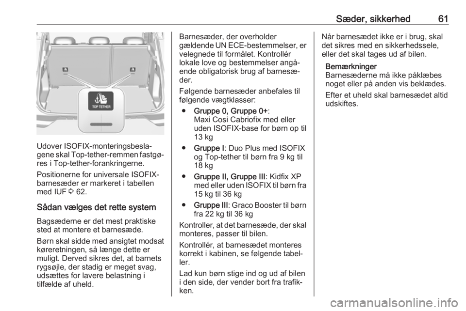 OPEL GRANDLAND X 2018.5  Instruktionsbog (in Danish) Sæder, sikkerhed61
Udover ISOFIX-monteringsbesla‐
gene skal  Top-tether -remmen fastgø‐
res i Top-tether-forankringerne.
Positionerne for universale ISOFIX-
barnesæder er markeret i tabellen
me