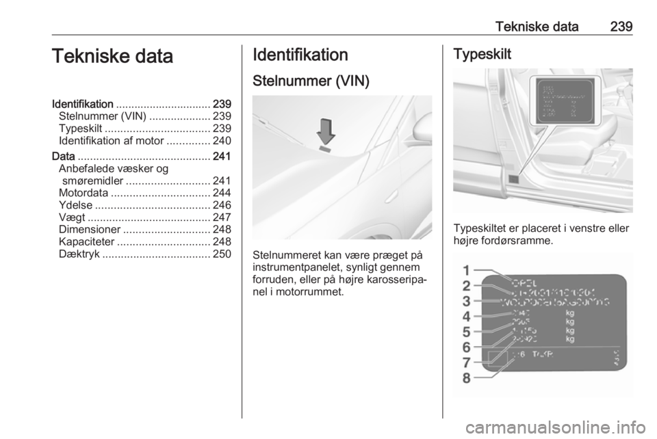 OPEL GRANDLAND X 2018.75  Instruktionsbog (in Danish) Tekniske data239Tekniske dataIdentifikation............................... 239
Stelnummer (VIN) ....................239
Typeskilt .................................. 239
Identifikation af motor .......