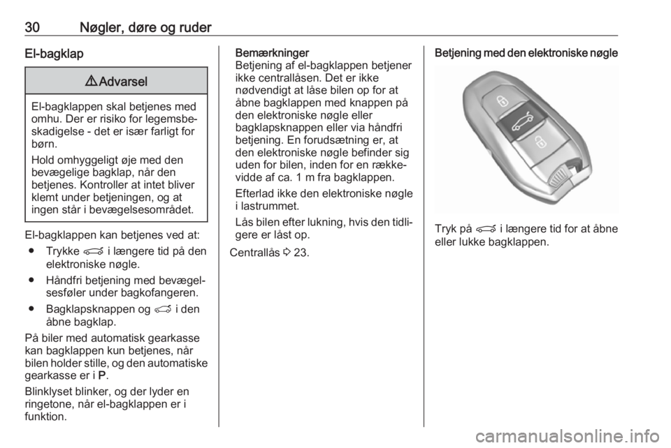 OPEL GRANDLAND X 2018.75  Instruktionsbog (in Danish) 30Nøgler, døre og ruderEl-bagklap9Advarsel
El-bagklappen skal betjenes med
omhu. Der er risiko for legemsbe‐ skadigelse - det er især farligt for
børn.
Hold omhyggeligt øje med den
bevægelige 