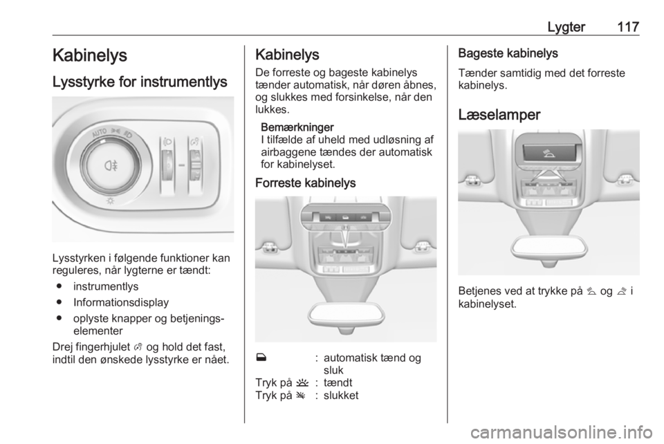 OPEL GRANDLAND X 2019  Instruktionsbog (in Danish) Lygter117Kabinelys
Lysstyrke for instrumentlys
Lysstyrken i følgende funktioner kan
reguleres, når lygterne er tændt:
● instrumentlys
● Informationsdisplay
● oplyste knapper og betjenings‐ 