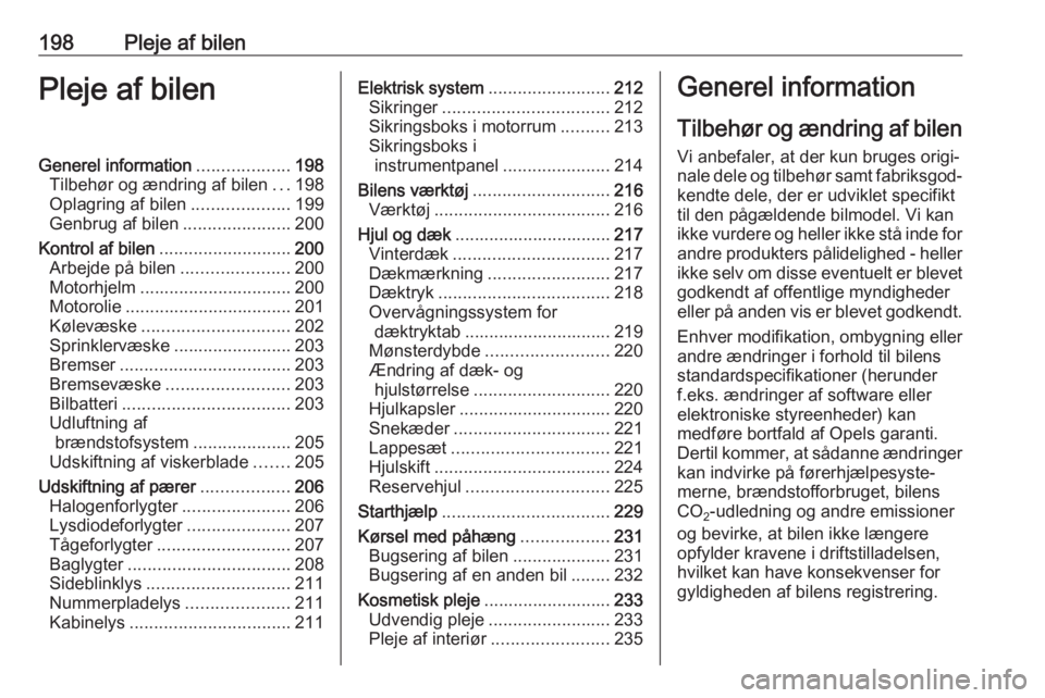 OPEL GRANDLAND X 2019 Instruktionsbog (in Danish) 198Pleje af bilenPleje af bilenGenerel information...................198
Tilbehør og ændring af bilen ...198
Oplagring af bilen ....................199
Genbrug af bilen ......................200
Kon OPEL GRANDLAND X 2019 Instruktionsbog (in Danish) 198Pleje af bilenPleje af bilenGenerel information...................198
Tilbehør og ændring af bilen ...198
Oplagring af bilen ....................199
Genbrug af bilen ......................200
Kon