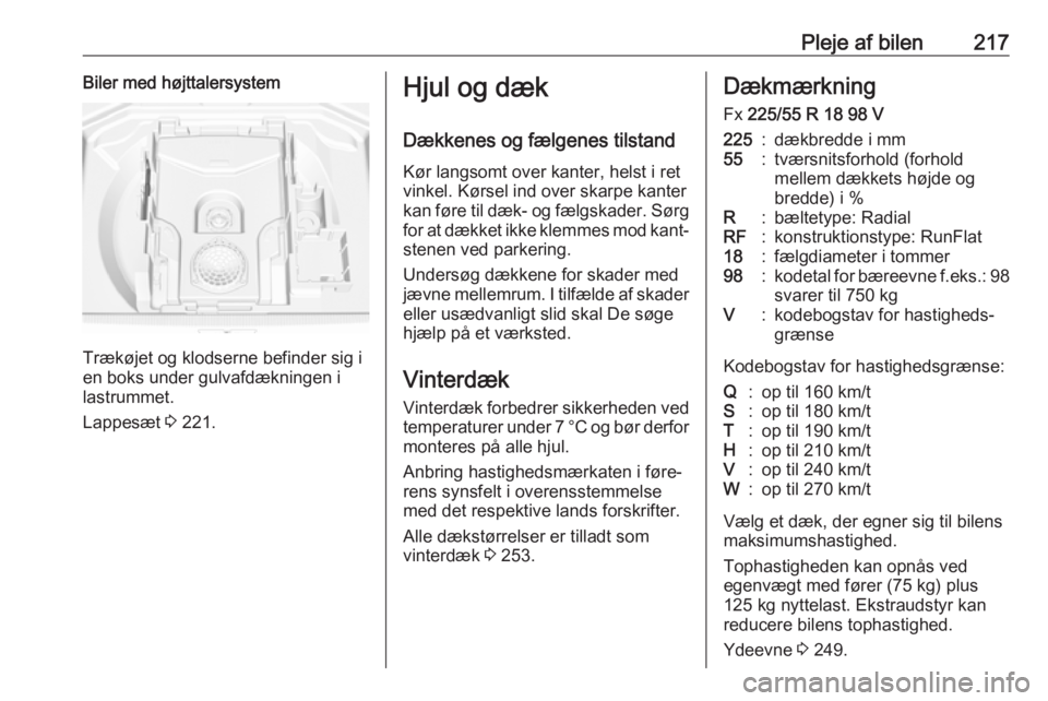 OPEL GRANDLAND X 2019  Instruktionsbog (in Danish) Pleje af bilen217Biler med højttalersystem
Trækøjet og klodserne befinder sig i
en boks under gulvafdækningen i lastrummet.
Lappesæt  3 221.
Hjul og dæk
Dækkenes og fælgenes tilstand Kør lang