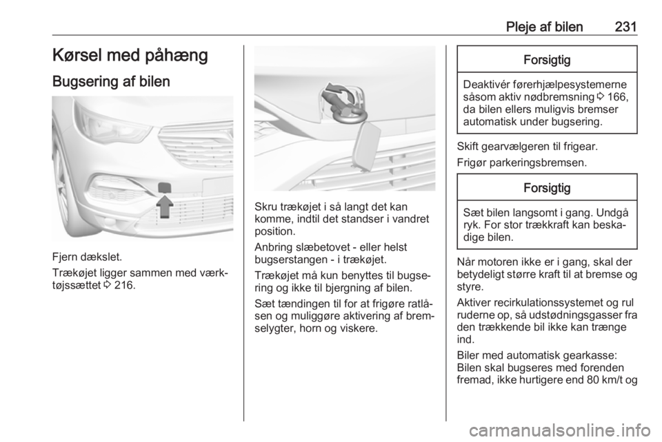 OPEL GRANDLAND X 2019  Instruktionsbog (in Danish) Pleje af bilen231Kørsel med påhæng
Bugsering af bilen
Fjern dækslet.
Trækøjet ligger sammen med værk‐
tøjssættet  3 216.
Skru trækøjet i så langt det kan
komme, indtil det standser i van